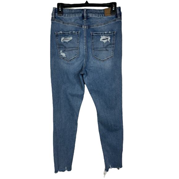American Eagle SZ 8 SHORT Curvy Jeggings Jeans Super Hi-Rise Distressed Rip Blue - Picture 6 of 13